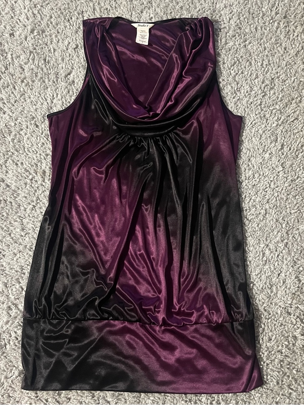 Vintage Y2K/2000s Studio Y Purple and Black Satin Cowl Neck Top